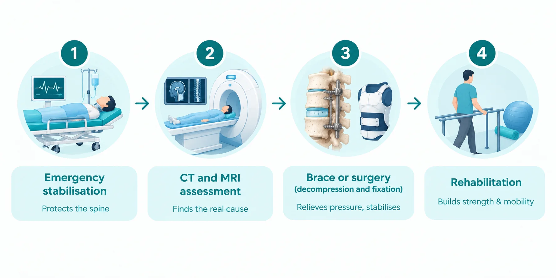 Infographic showing the four steps of spinal injury treatment: stabilisation, imaging, brace or surgery, and rehabilitation