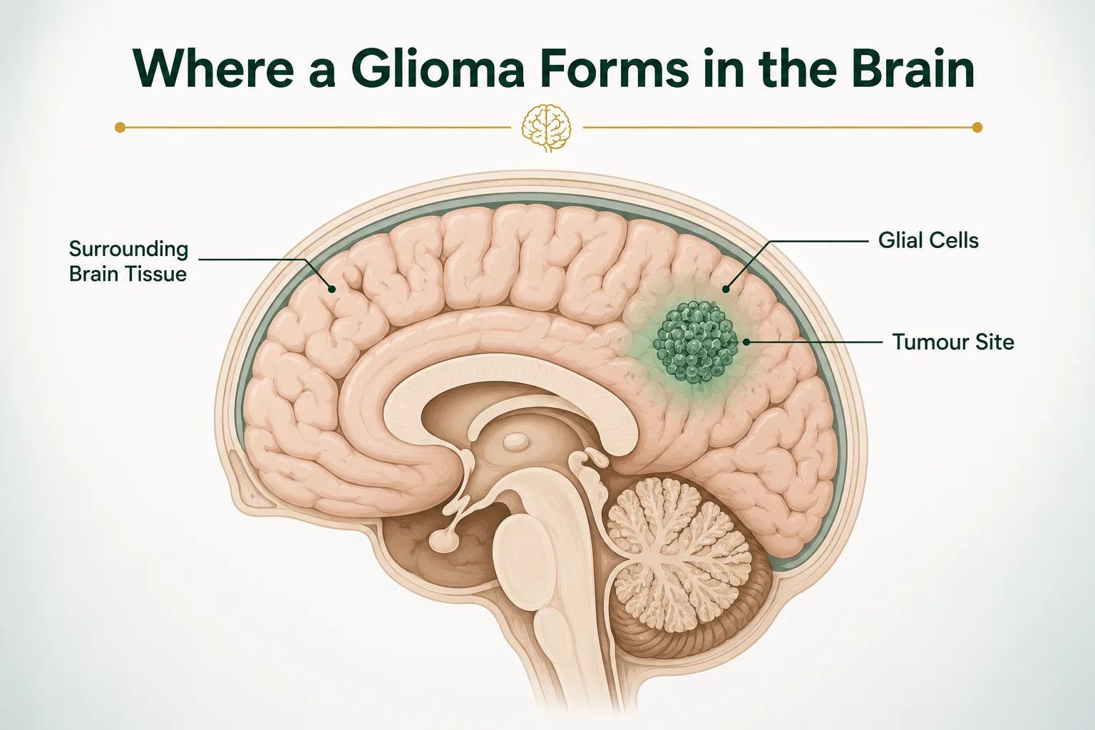 Illustration of glioma tumour location within the brain's glial cells. Best Neurosurgeon in Delhi.