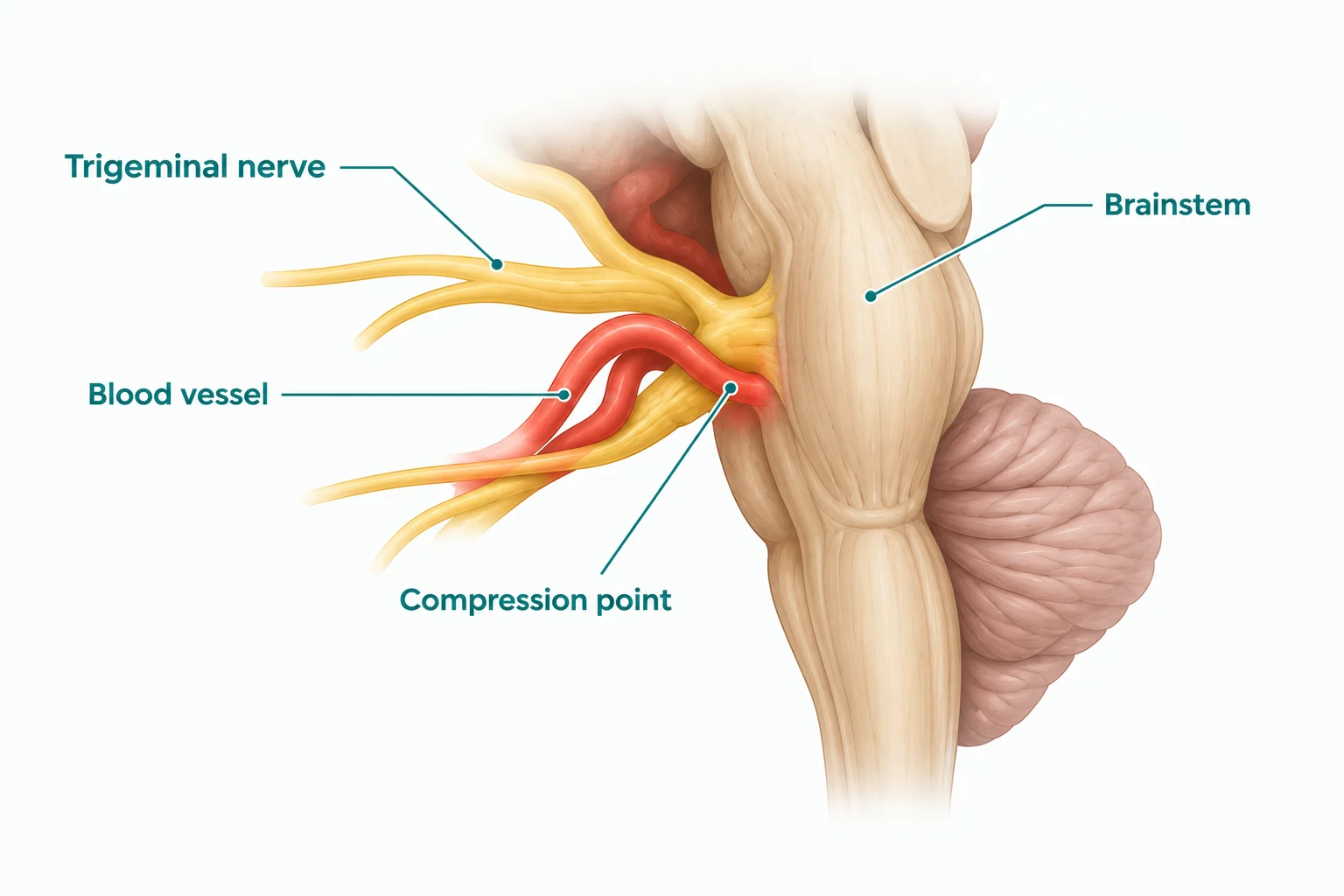 Illustration of a blood vessel pressing on the trigeminal nerve at the brainstem, the cause treated by microvascular decompression surgery in Delhi