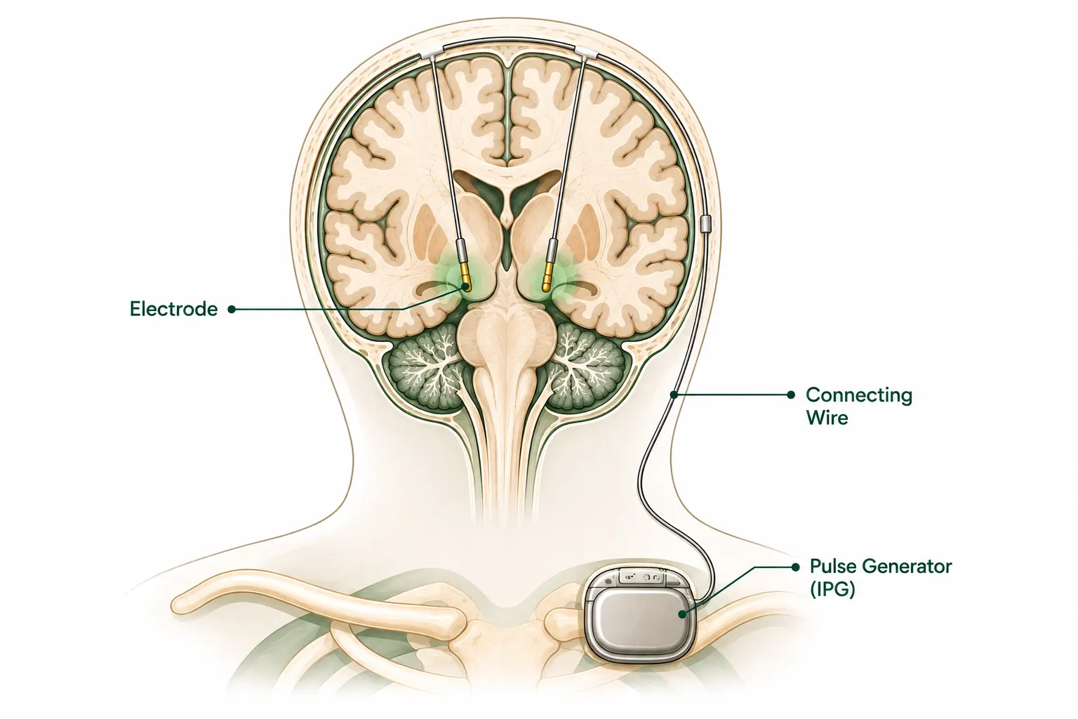 Diagram showing DBS electrode and pulse generator placement for Parkinson's treatment. DBS surgery in Delhi.