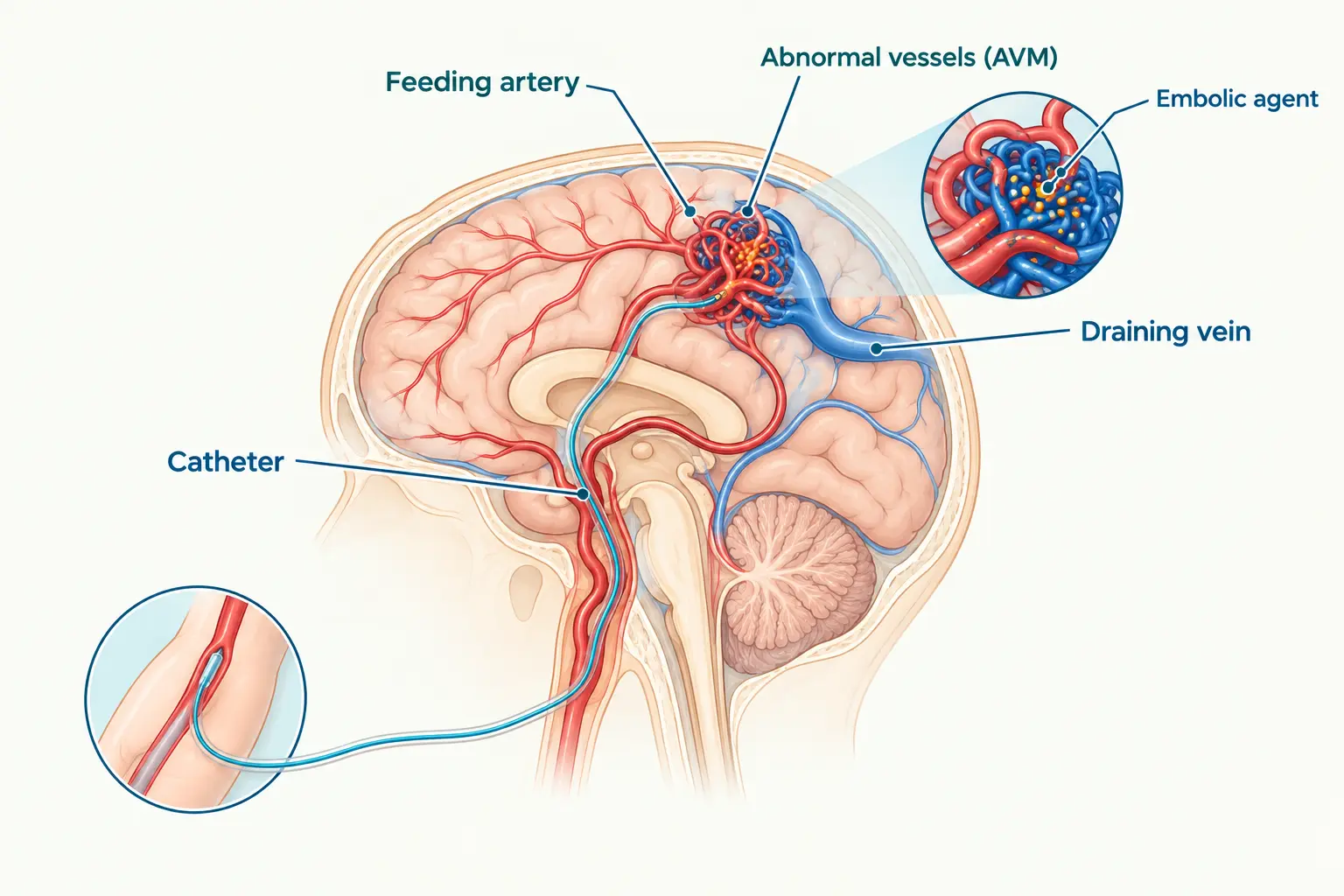 Labelled diagram showing a catheter delivering an embolic agent into the feeding artery of a brain AVM