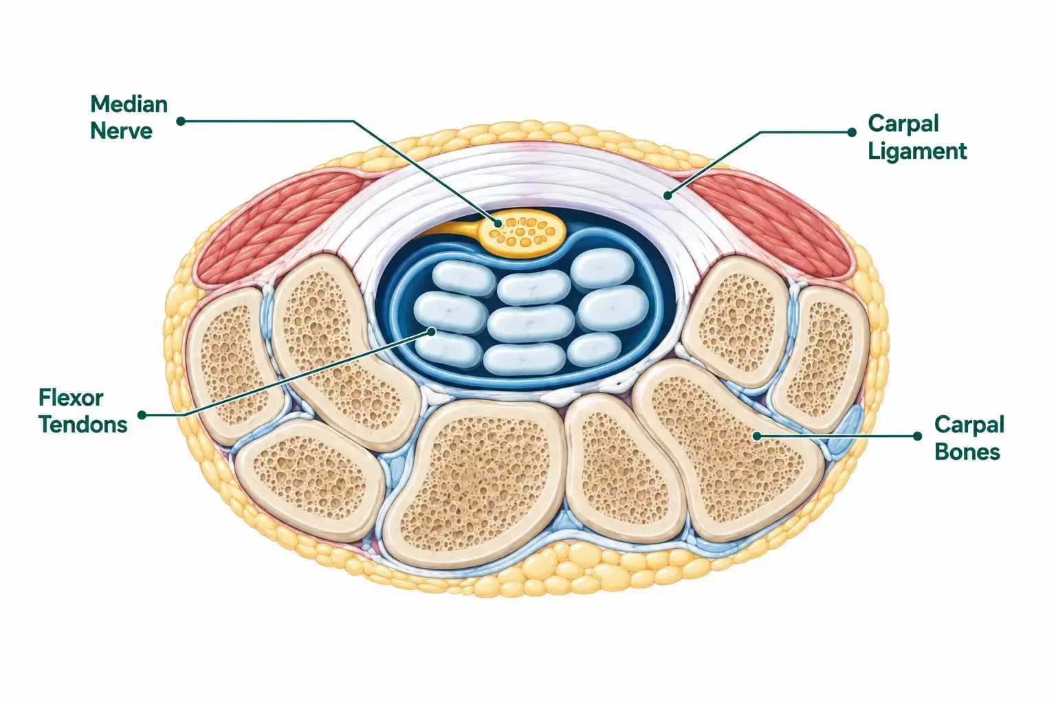 Cross-section diagram of the wrist showing the carpal tunnel and compressed median nerve