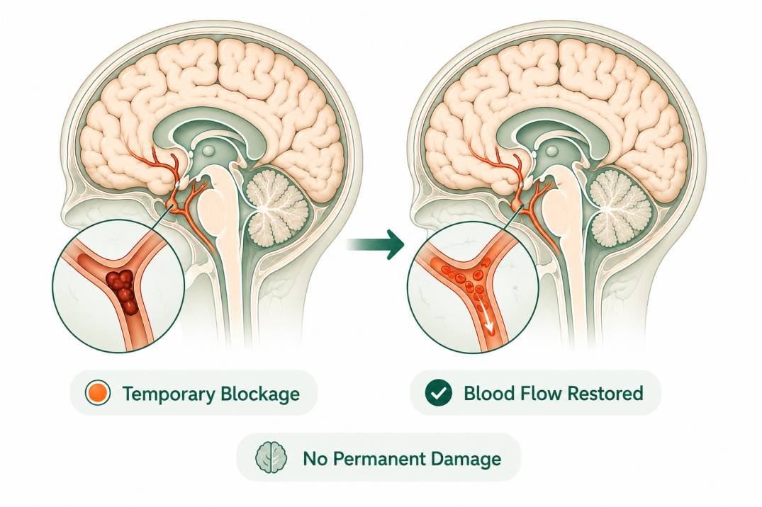 Diagram showing temporary blood flow blockage in the brain during a transient ischemic attack (TIA)