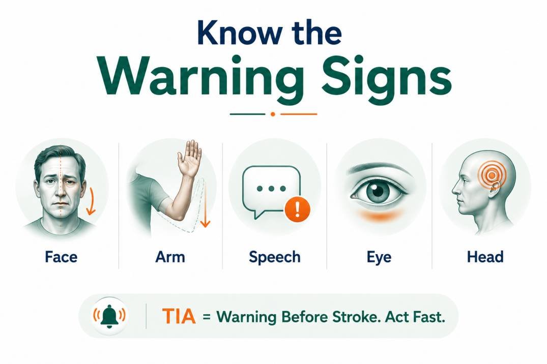 Infographic showing TIA warning signs and stroke risk factors