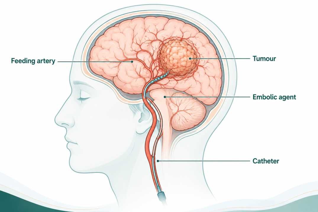 Diagram showing how a catheter blocks the blood supply to a brain tumour during tumour embolisation