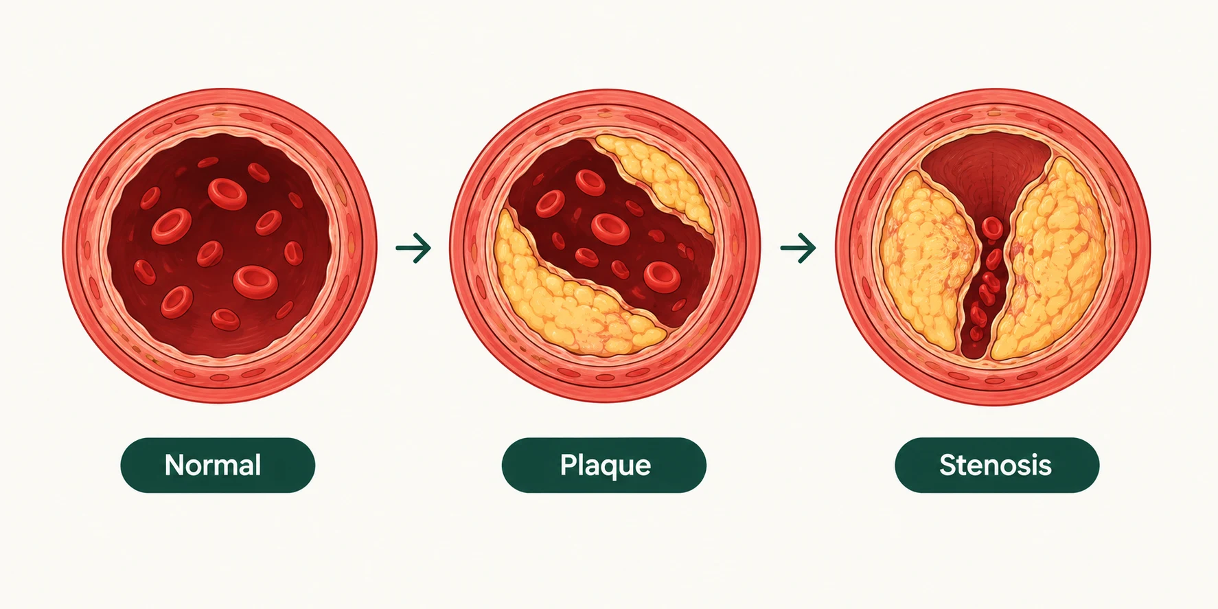 Three small cross-sections of an artery: Normal, Plaque building up, Severely narrowed (stenosis).