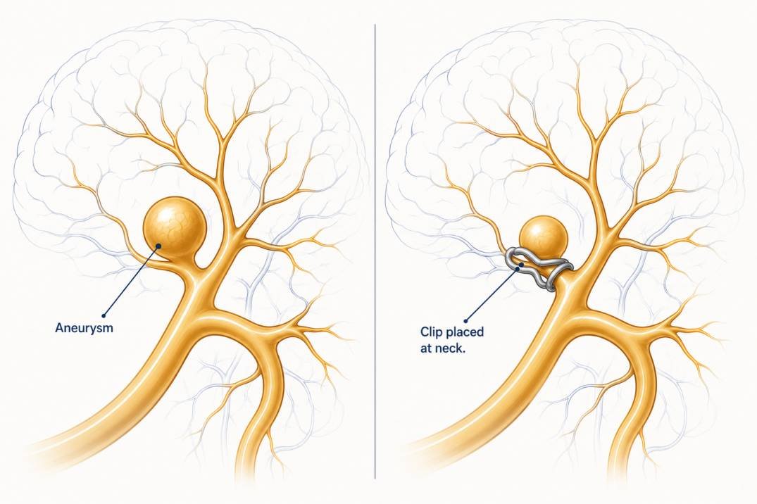 Illustration showing a brain aneurysm before and after surgical clipping. Surgical Clipping in Delhi. Best Neurosurgeon in Delhi NCR
