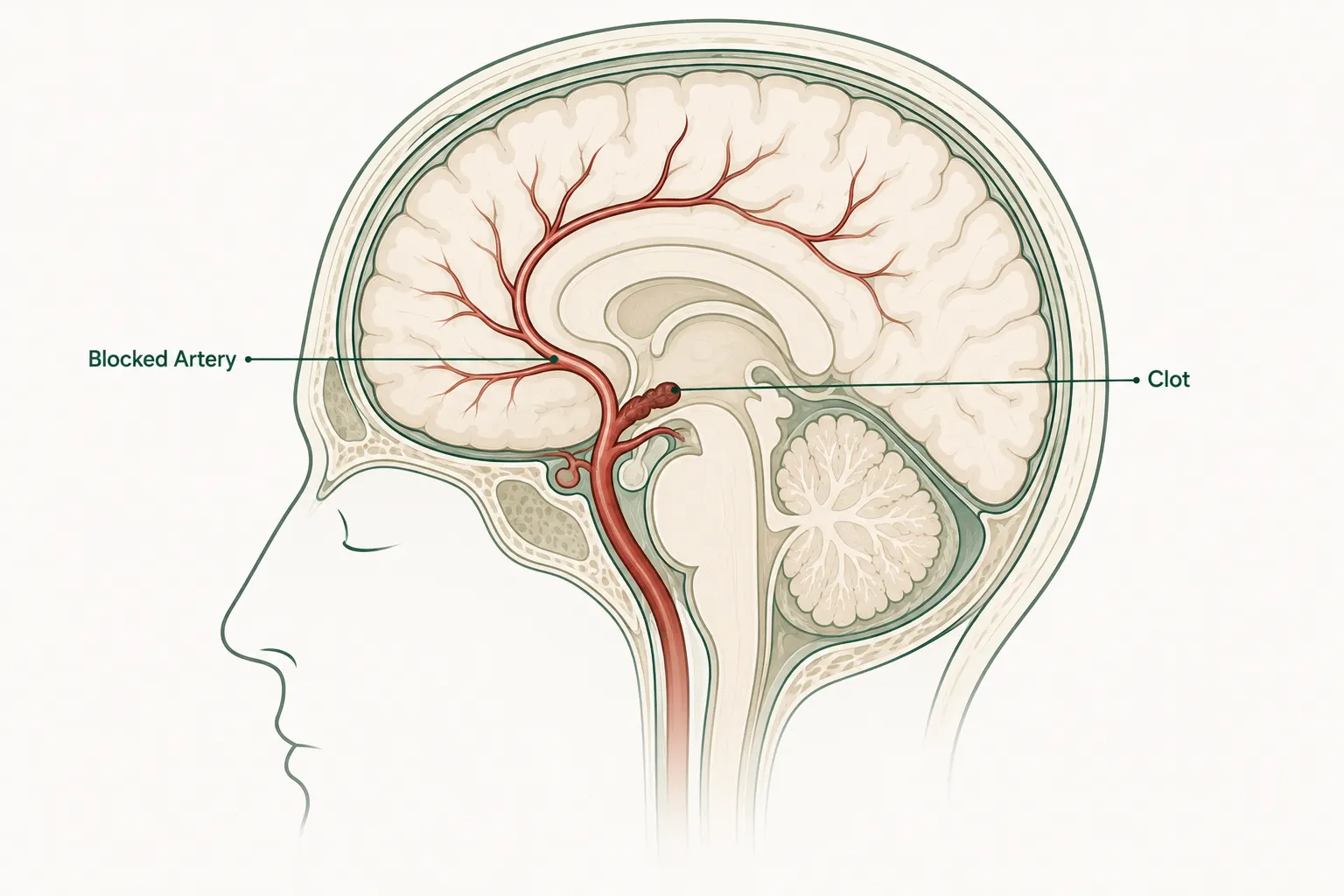 Illustration of a blood clot blocking a brain artery causing ischaemic stroke.