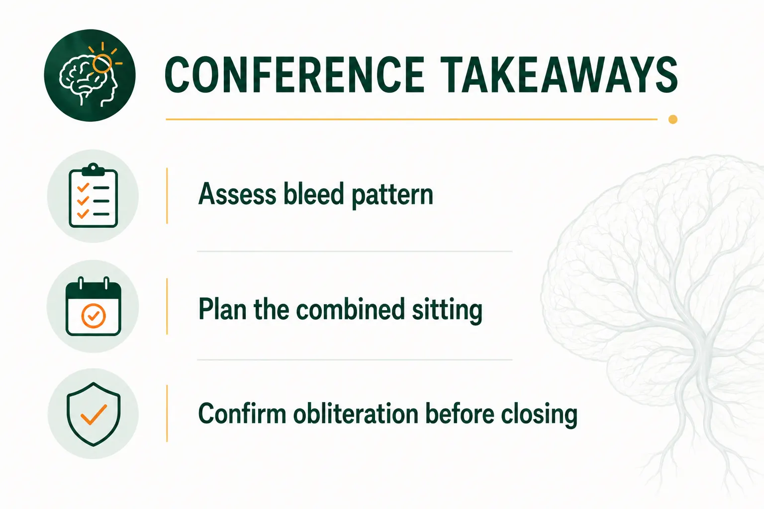 Key takeaways card from NVISICON 2026 bled AVM talk. Brain AVM Treatment in Delhi.