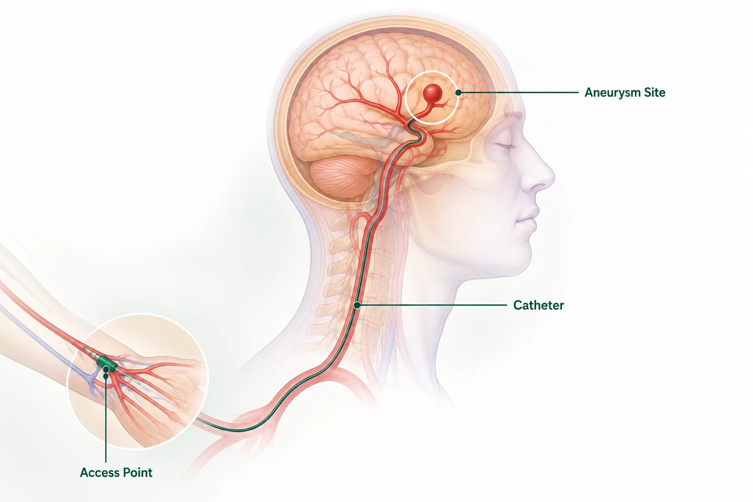 Illustration of catheter-based interventional neuroradiology procedure reaching a brain aneurysm through the blood vessels. Best Neurosurgeon in Delhi NCR