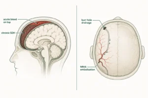 Combined Burr Hole and MMA Embolisation for Acute on Chronic Subdural Haematoma