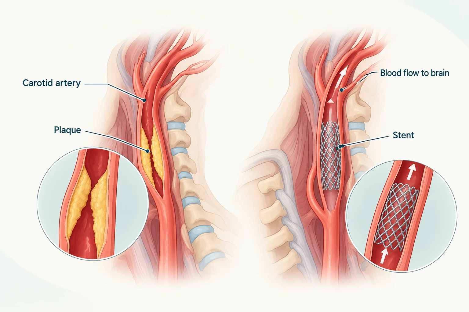 Illustration of carotid artery stenting showing a narrowed artery before and after stent placement