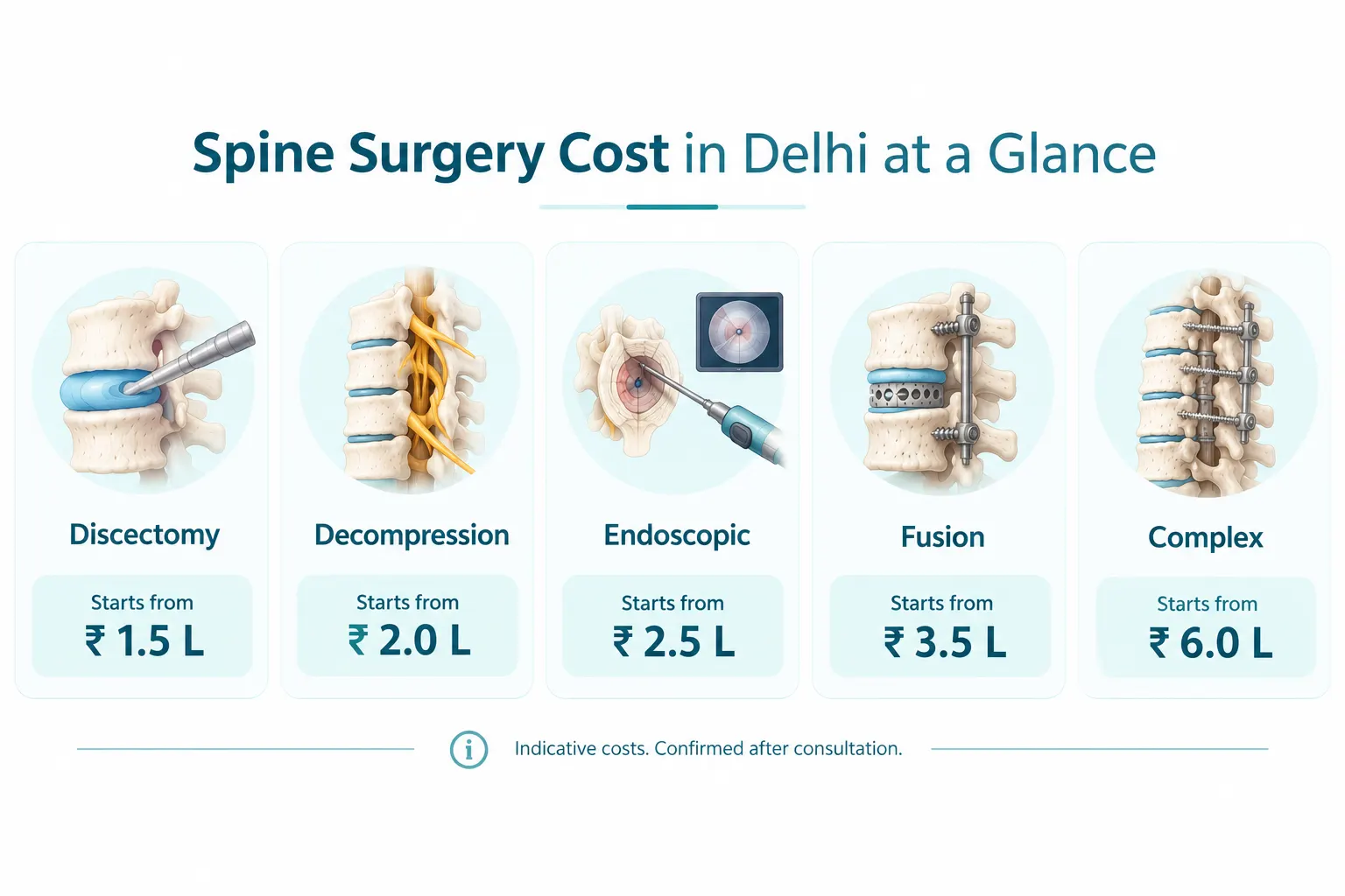 Infographic comparing spine surgery cost in Delhi by procedure type