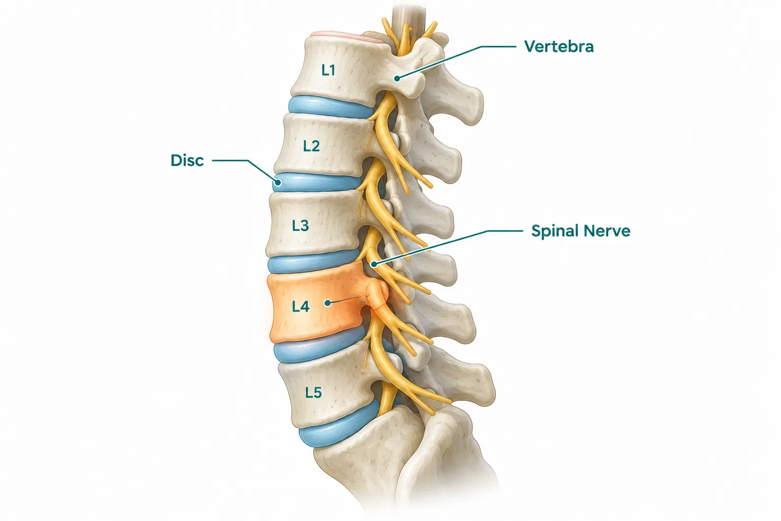 Labelled diagram of lumbar spine showing vertebrae, discs and spinal nerves