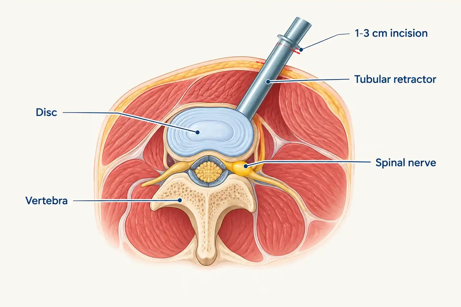 Labelled diagram of minimally invasive spine surgery showing a small incision and tubular retractor reaching the lumbar spine